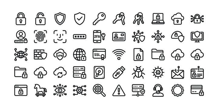 Cyber security lineset. Padlock, shield, password, fingerprint, face recognition, firewall, cloud security, malware, phishing, encryption, authentication, and digital protection. Editable stroke.