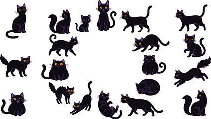 Fototapeta premium Collection of black cats in various poses vector illustration for halloween and mystical designs