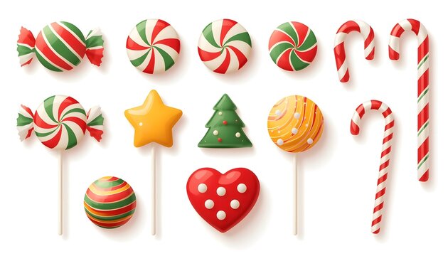 Assorted christmas candy treats set isolated on white backdrop.