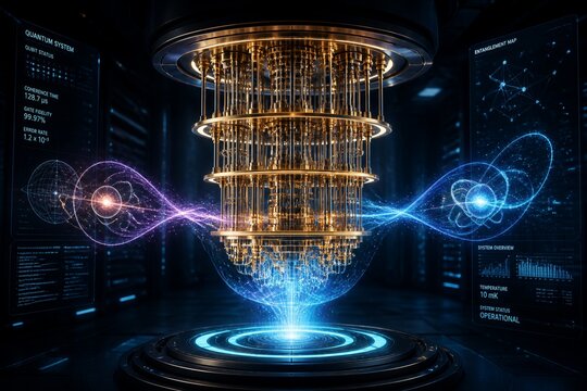 Quantum processor core emitting energy in lab chamber