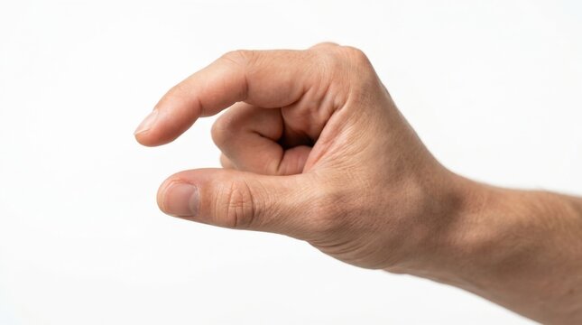 Close up of a human hand showing a small size gesture with thumb and index finger pinched together