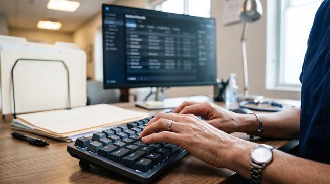 Office worker typing on computer keyboard. Professional employee analyzing data on screen.