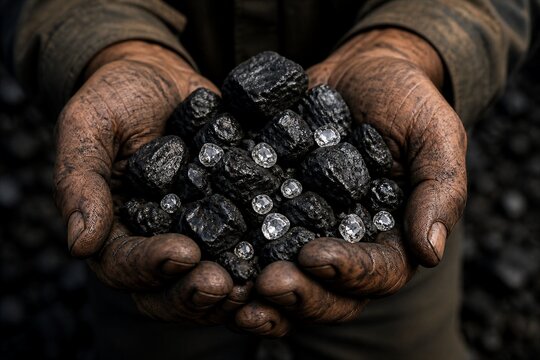 Miner holding raw coal pieces mixed with rough diamonds