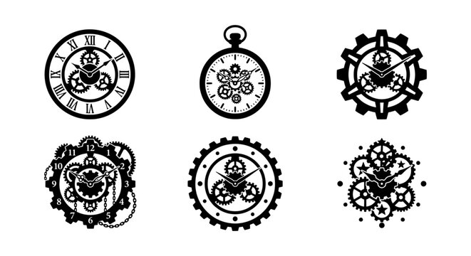 Steampunk Clock Icons, Vintage Gear Mechanisms, Retro Timepieces, Industrial Vector Elements
