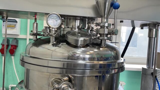 Industrial stainless steel chemical reactor, professional pharmaceutical manufacturing equipment. Close-up tilt shot of metal machinery in a clean laboratory environment.
