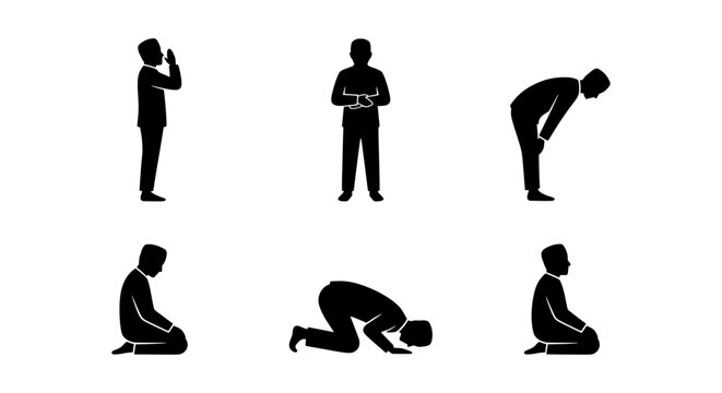 Islamic Prayer Poses Vector Icons, Muslim Salat Positions Silhouette Set, Religious Worship Rituals