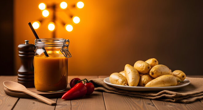 Vegetable soup in a glass jar sits beside a plate of potatoes on a rustic wooden dining table.