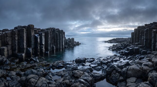 Ancient Basalt Lava Columns Emerging from Arctic Sea Mist at Blue Hour