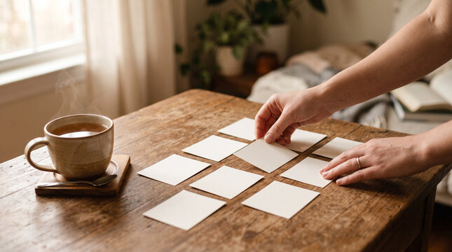 Hands arranging positive affirmation cards &mdash; self care and positive psychology mental wellness practice concept.