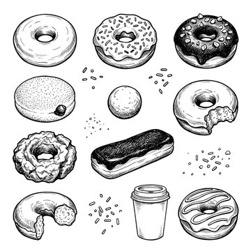 Donut illustration. Hand drawn Sketch of doughnut. Fast food illustration in doodle style. hand-drawn black ink sketch illustration, fully isolated elements set composition, a classic glazed ring doug