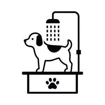 Dog washing station line icon with shower sprayer and tub for veterinary clinic, pet grooming, animal hygiene and dog care service
