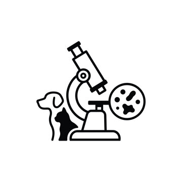 Veterinary microscope line icon with dog and bacteria sample for animal clinic laboratory, pet testing and medical analysis