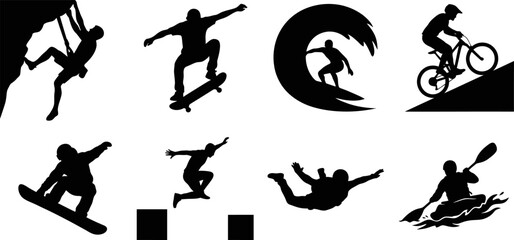 Black Silhouette Extreme Sports Vector Icon Set Featuring Rock Climbing Skateboarding Surfing Mountain Biking Snowboarding Skydiving Kayaking Parkour Collection Today © RONY CHANDRA ROY