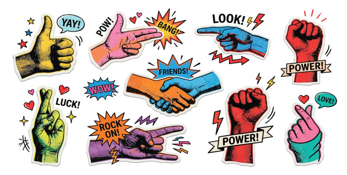 Hand gesture sticker collection in comic book style with retro elements gestures stickers handshake pointing thumbsup graphics colorful expressions illustration collection isolated