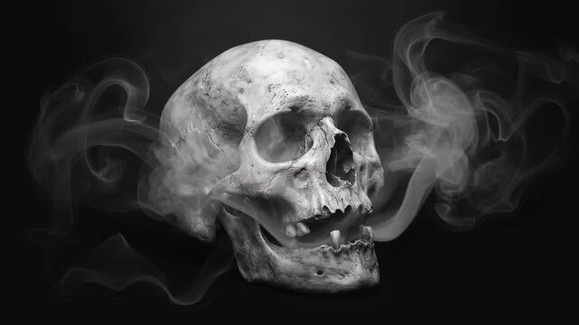 Smoke swirling around aged human skull dramatic monochrome lighting, eerie bone cranium macabre
