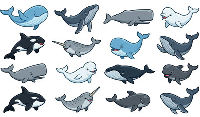 Cute Cartoon Whale Character Collection Vector with Various Ocean Mammals © Sagor