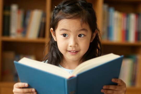 Young girl reading book in bright children library setting