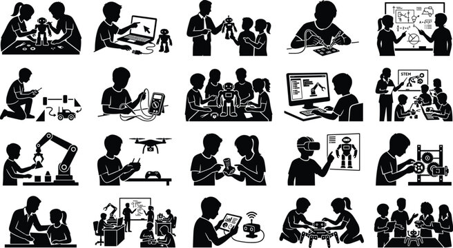 STEM Robotics and Coding Education Black Silhouette Collection for Technology Learning and Engineering Activities