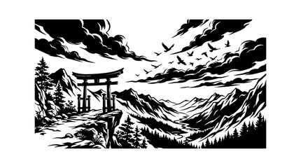 Fototapeta premium Black and white japanese torii gate in a mountain landscape