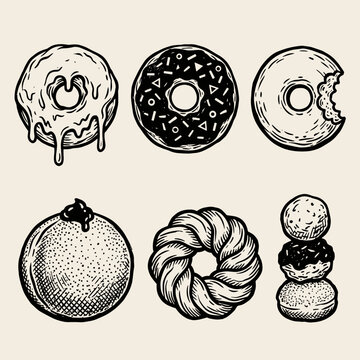 Set of six assorted donut illustration, linocut style black ink sketch, isolated on cream background