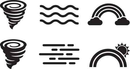 Obraz premium Weather Phenomena Vector Icon Set Featuring Tornado Wind Rainbow and Sun Illustrations for Meteorology Design
