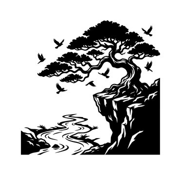 Black silhouette tree on cliff with birds flying