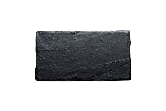 Dark grey natural slate serving board with rough texture, isolated on transparent background, top view