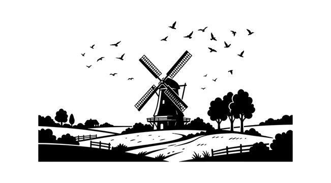 Black silhouette of a windmill with birds flying overhead in a rural landscape
