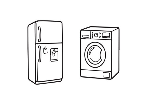 Fridge and washing machine household appliances side by side in simple line drawing