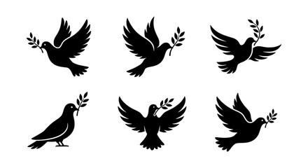 Fototapeta premium Peace dove silhouettes with olive branch, flying pigeon bird icons, 6 black vector symbols of hope