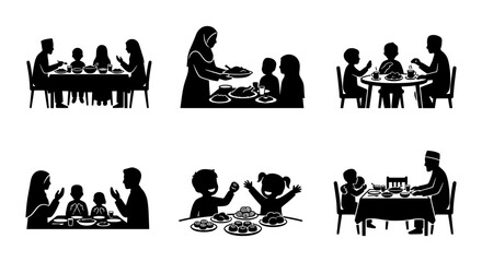 Muslim family eating dinner silhouette set, Islamic people dining together, halal food meal icons