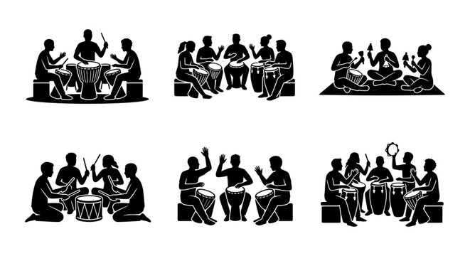 Drum circle silhouette icons, people playing percussion instruments, 6 ethnic music group vectors