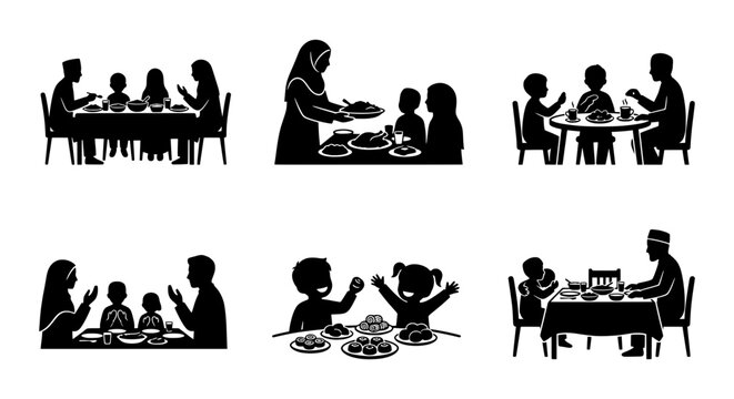 Muslim family eating dinner silhouette set, Islamic people dining together, halal food meal icons