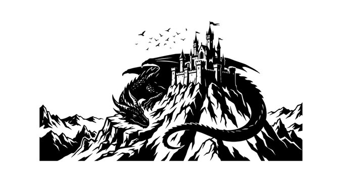 Black dragon in a mountain landscape with castle