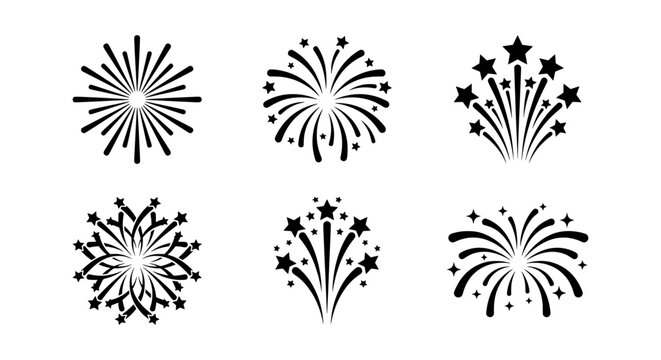 Fireworks icon set with 6 black vector elements, festive firework sparks, celebration star bursts