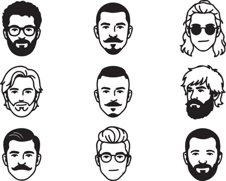 Set of nine stylized male avatars with different facial hair and hair styles