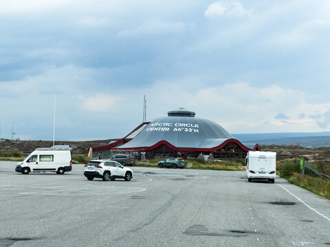 Saltfjellet, Norway; September 9 2024: The arctic circle center building in norway proudly marks the significant latitude of 66&deg;33'n