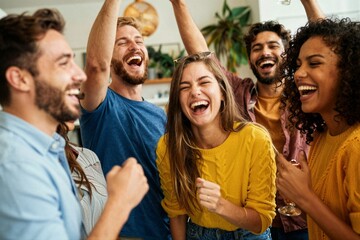 Obraz premium Young adults laughing and celebrating at indoor gathering