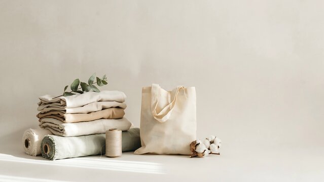 Neutral colored fabric stack with tote bag and cotton boll display