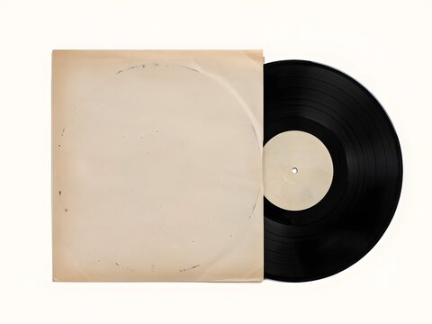 Vintage black vinyl record with blank paper sleeve isolated on white background