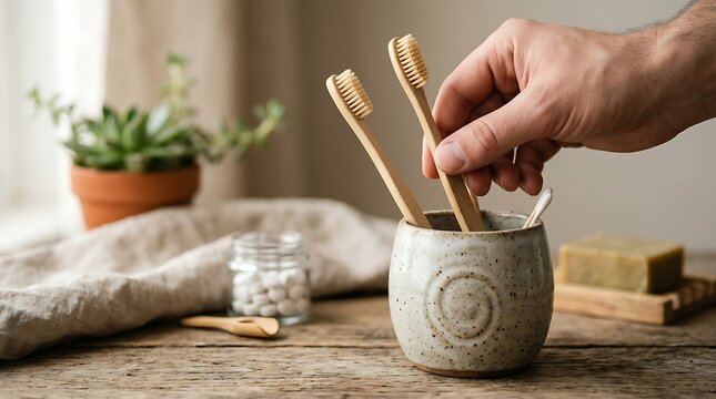 Hand reaching for bamboo toothbrush in a zero waste bathroom