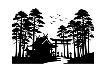 Obraz premium Black silhouette of japanese temple with pine trees and torii gate