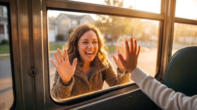 Mother and child sharing heartfelt goodbye through school bus window with hands touching glass in warm golden afternoon light