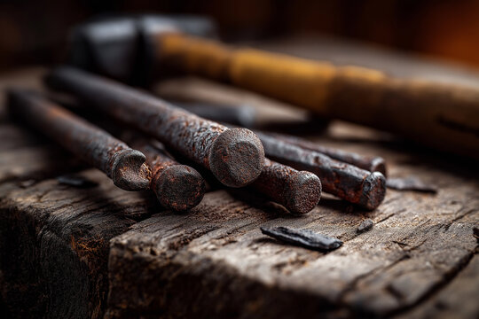 Rustic hand forged iron nails with hammered texture on a weathered wooden workbench, blacksmith hammer blurred in the background, warm workshop lighting, close-up macro shot