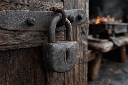 Rustic hand forged padlock mounted on a weathered wooden door, blacksmith forge with glowing embers blurred in the background, warm ambient lighting, close-up macro shot of aged iron