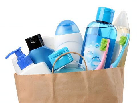 Paper shopping bag filled with various personal care products and toiletries on white