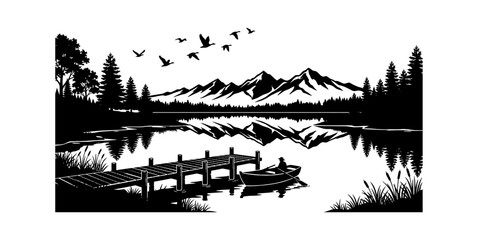 Obraz premium Black and white lake landscape with dock and mountains