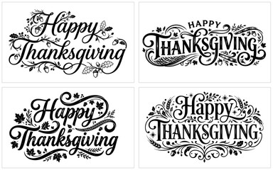 Four elegant thanksgiving typography designs with floral and autumnal elements for festive greetings and decorations © Shahriar Ahamed