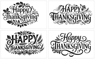 Four elegant thanksgiving lettering designs with autumnal elements for festive decorations and greetings © Shahriar Ahamed