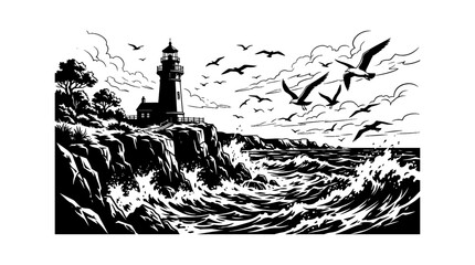 Obraz premium Black and white illustration of a lighthouse by the sea with birds flying overhead